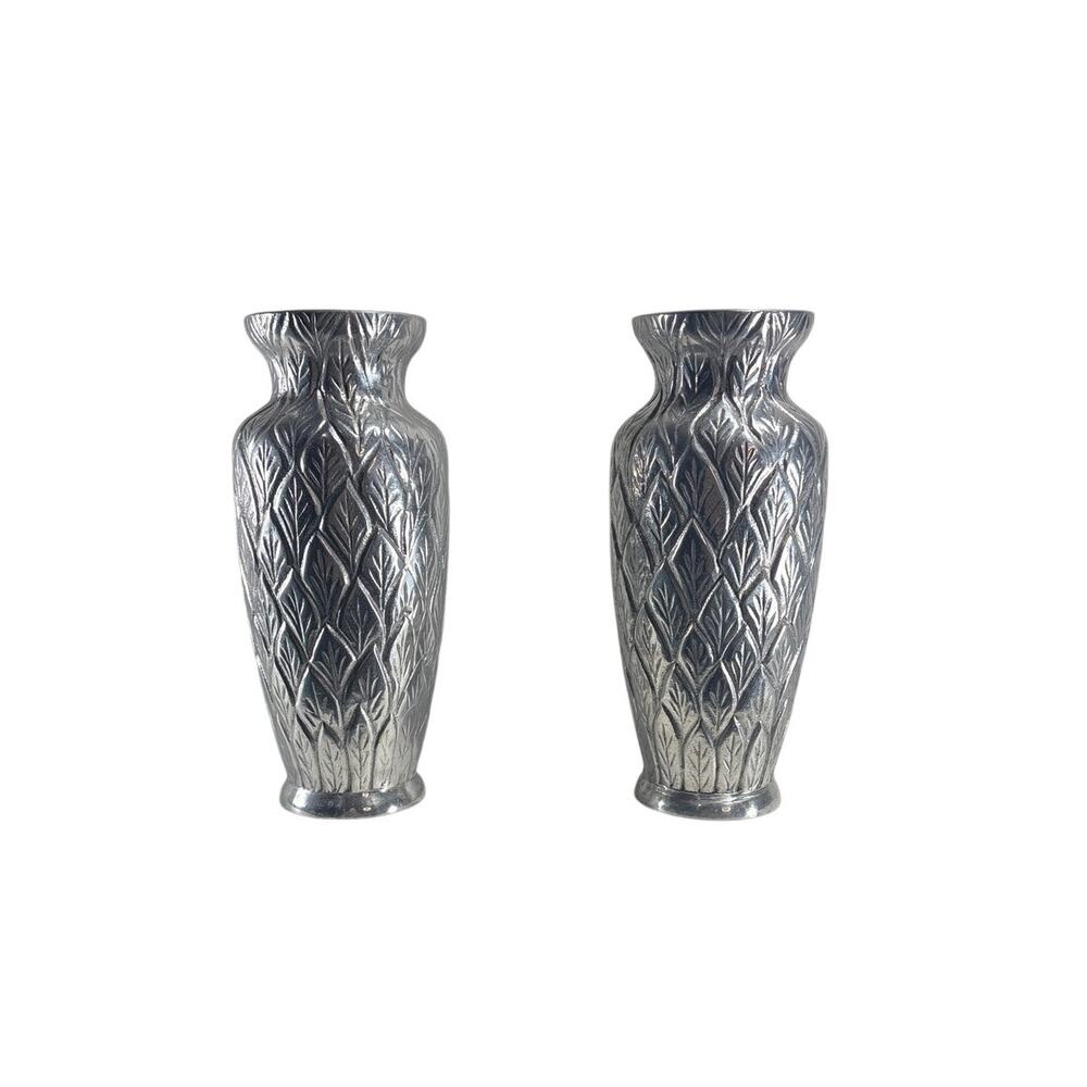 Pair Vintage Pottery Barn Silver Tone Vases India Embossed Metal 12”